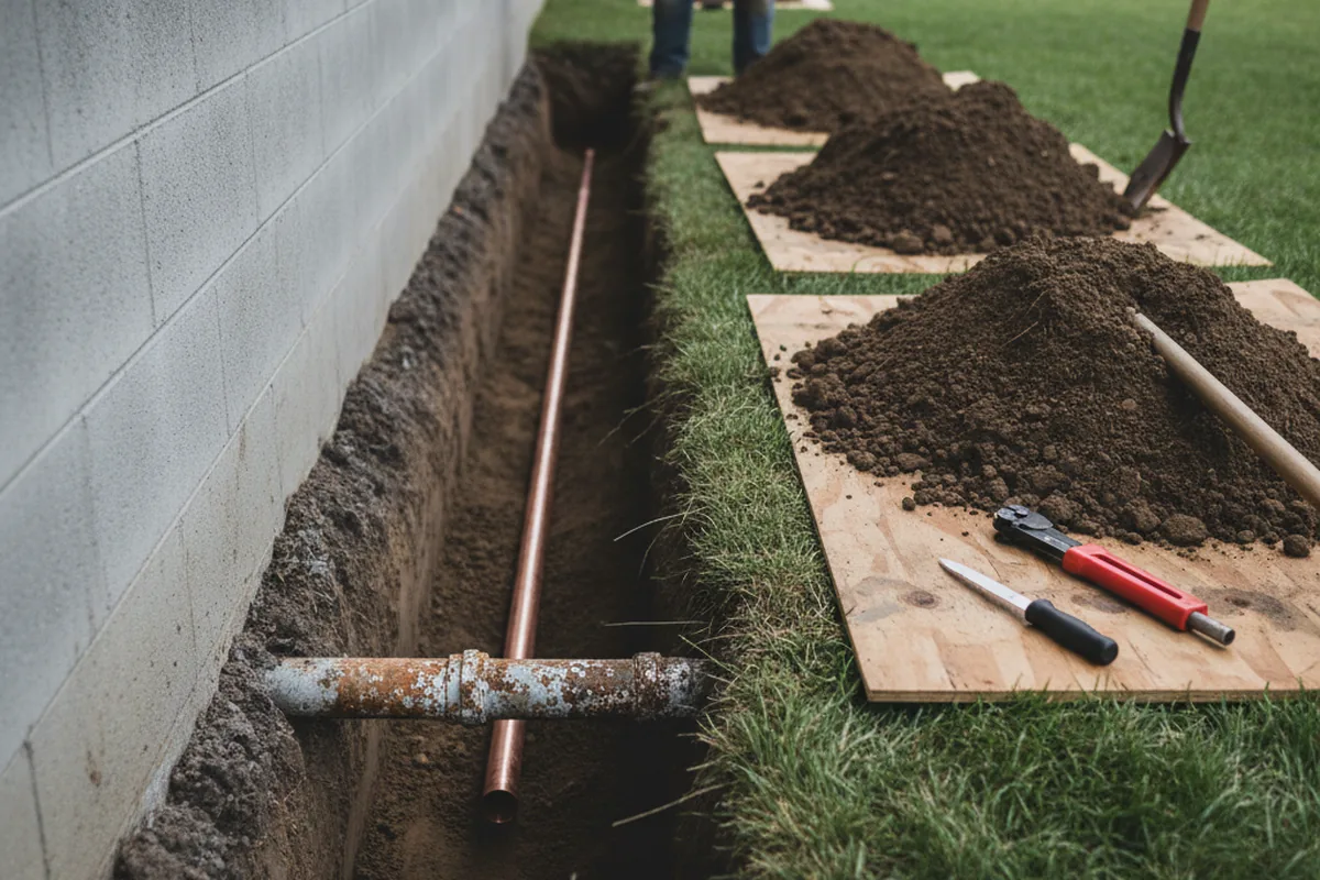 Excavated water line trench during Water Heater Repair in Winslow